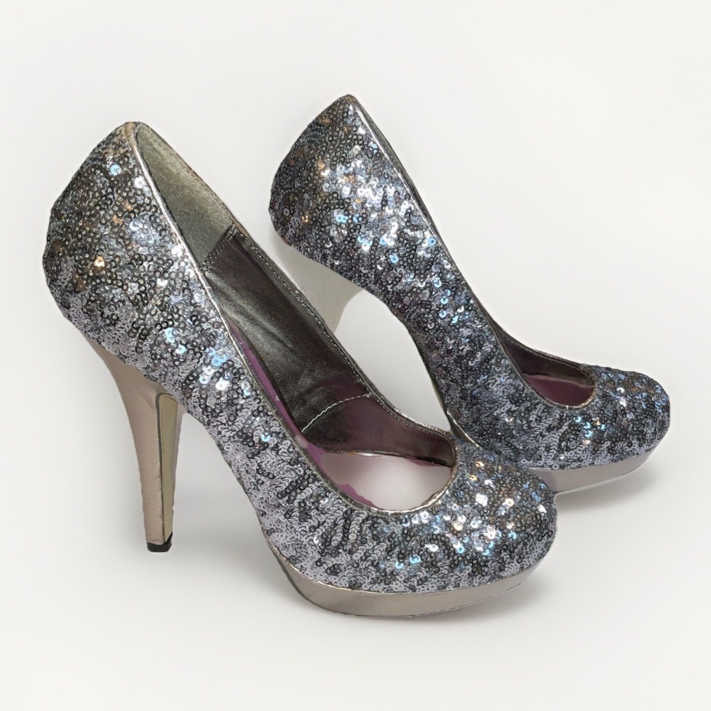 Madden Girl Silver Sequin Platform Heels Size 7 Trebel Glam Sexy Flirty Flashy‎